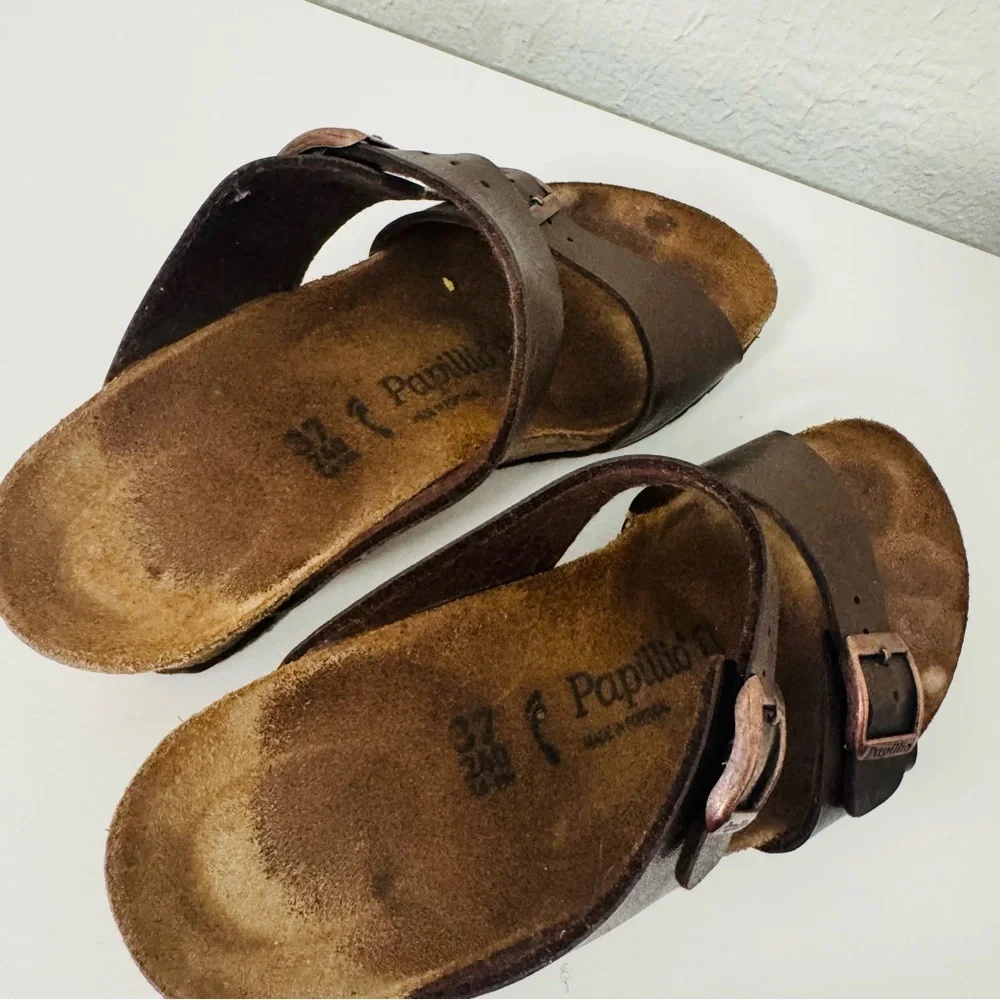 Birkenstock Dorothy Papillio 6-6.5 Brown Cork Wedge Slide Sandals  Dual Straps